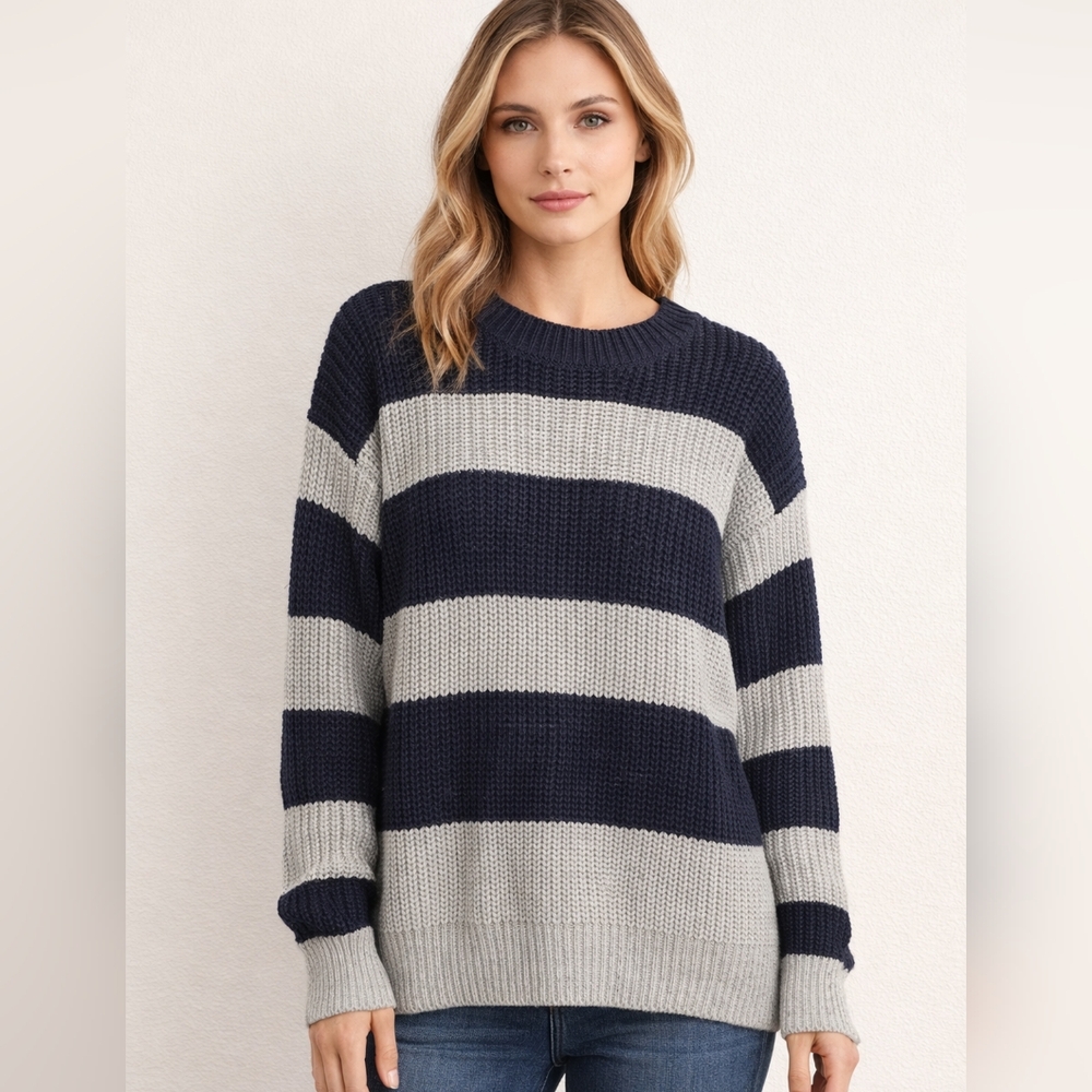 Davi & Dani Navy Gray Stripe Chunky Knit Waffle Crewneck Sweater NWT